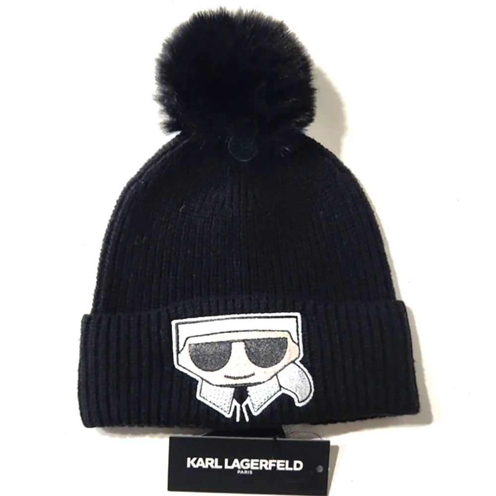 NWT Karl Lagerfeld Black Rhinestone Faux Fur Pom-Pom Beanie
